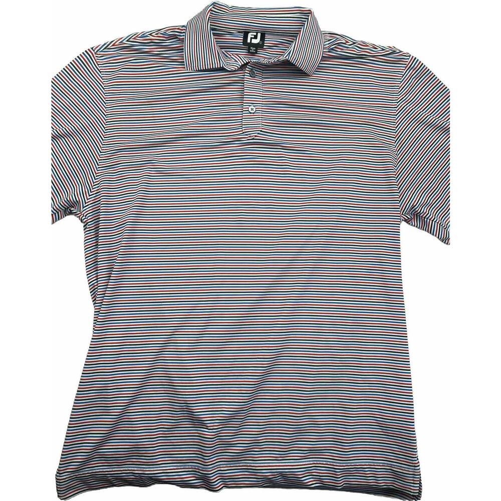 Footjoy Polo Shirt Mens Large Blue Red Black‎ White Stripe Short Sleeve Logo